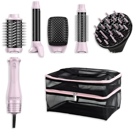 REVLON One‑Step™ 5‑in‑1 Multi Air Styler Pink Titanium Edition (inkl. förvaringsväska, 5 tillbehör: diffusor, locktillbehör, rundborste, paddelborste, oval volymborste – keramik & titan)