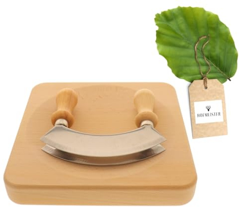HOFMEISTER® Wiegemesser mit Kräuterbrett 20 x 20 cm – Doppelklinge aus Edelstahl, Buchenbrett mit Mulde, quadratisch – Handarbeit (1 Set)
