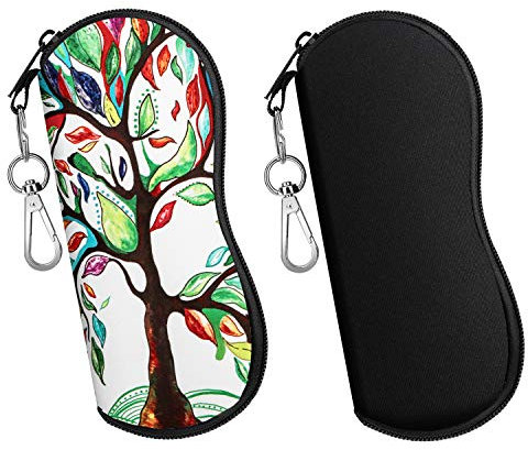 MoKo Brillenetui - [Ultra Lightweight] 2 Stück Neopren Reißverschluss Sonnenbrille Tasche mit Gürtelclip für Brillen, Rahmen, Tragbare Case für Schlüssel, Bleistifte, Karten - Schwarz + Glück Baum