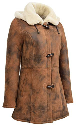 A1 FASHION GOODS Echtes Schaffell Duffle Mantel Für Frauen 3/4 lang Mit Kapuze Cognac Shearling Jacke Armas