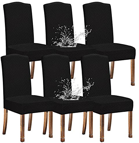 KELUINA Stretch wasserdichte Jacquard mit langem Gitter Esszimmer Stuhlhussen Home Decor, Stuhlhussen für Esszimmerstühle(Schwarz,6 Stück)