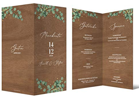 10 x Hochzeit Menükarten Speisekarte Getränkekarte individuell Holz-Design Klappkarte - Eukalyptus