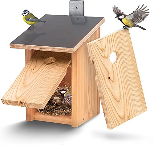 Vogelgaleria® Premium Meisen Nistkasten mit wechselbaren Löchern, extrem wetterfest & langlebig, abnehmbar, Edelstahl verschraubt. Meisenkasten handgemacht vom dt. Schreiner