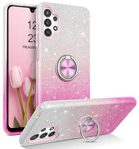 YINLAI Samsung Galaxy A32 5G Case - Bling Glitter Sparkle with Ring Holder Kickstand - Protective Phone Case for Girls Women, Pink Gradient