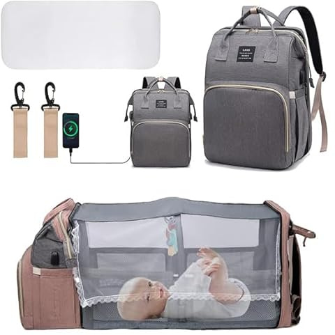 YUDOXN Sac à Dos à Langer avec,Grande Sac à Couches avec Matelas à Langer,sac à dos pour lit bébé,sac de voyage avec Lit Pliable et Pare-Soleil (gris)