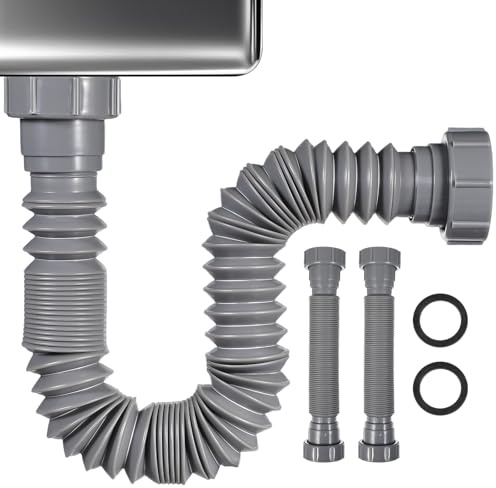 2 Pack Flexible Sink Drain Pipe, Expandable 1-1/2 P Trap Replacement Kit, Universal Adjustable Extension Tube for Bathroom Kitchen Basin Garbage Disposal, Grey, Scalable 9.83-25.9inch