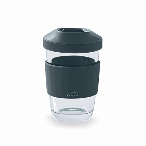 LACOR - 63138 - Vaso de Vidrio Borosilicato con Tapa - Antideslizante - Reutilizable - Apto para el lavavajillas - 280ml