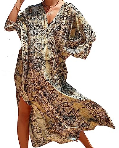 Lazz1on Donna Kaftan Lungo Abito da Spiaggia Maxi Bohemien Parei Copricostumi Copribikini Cover ups Scollo a V (G)