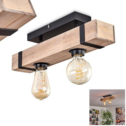HOFSTEIN Deckenleuchte Montgomery, 2-flammige Deckenlampe aus Holz/Metall in Natur/Schwarz, Leuchte im Industrial/Retro/Vintage-Design mit Holzbalken, E27, Esszimmer, Küche, Wohnzimmer, Schlafzimmer