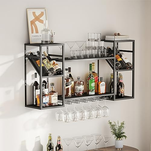 KaKaBB Wall Mounted Wine Rack, 47 Metal 2-Tier Bar Liquor Shelves with Glass Holder, Holds 30 Bottles & 6–12 Glasses, Floating Bar Shelves for Kitchen Dining Room Home Bar (Black)