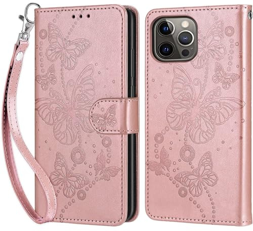 KENHONER Handyhülle für iPhone 13 Pro Hülle, Roségold Schmetterling | PU Leder Flip, Klappbar, Stoßfest, Magnetisch, Standfunktion, Kartenfächer, Retro Design, Handgelenkband