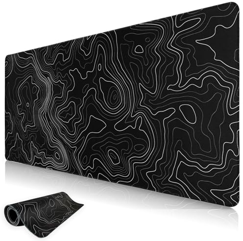 Niviy Tapis de Souris XXL 900X400mm sous Main Ergonomique pour Bureau/Maison Base en Caoutchouc Antidérapante Tapis de Bureau à Bords Cousus Noir Topographic Contour