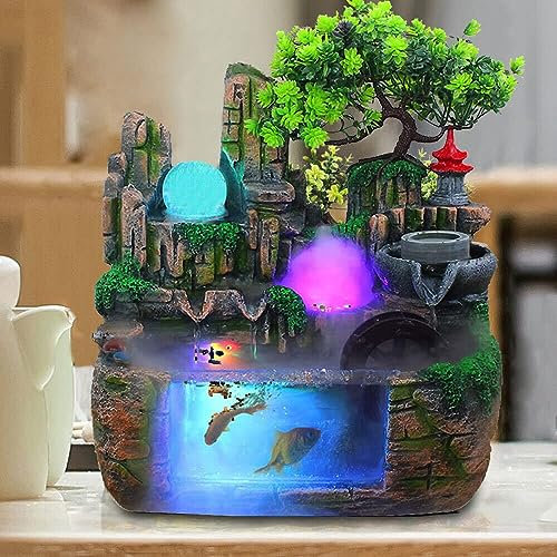 HINOPY Fuente de habitación con iluminación LED, jardín de rocas, fuente de agua, escritorio, mesa Fengshui, lámpara de habitación, cascada, oficina, casa, decoración
