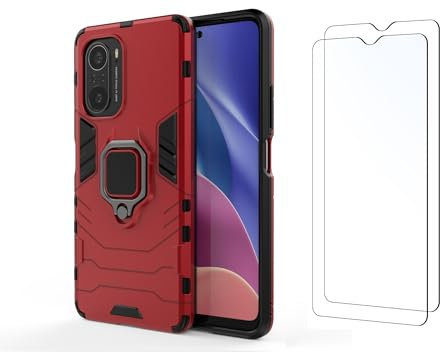 Max Power Digital Funda y 2 Cristal Templado para móvil Xiaomi Poco F3 Carcasa Magnética con 2 Piezas Protectores Anillo Imán Antigolpes Resistente Rígida Dura (Xiaomi Poco F3, Rojo)
