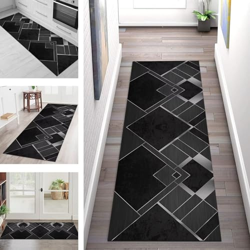 Teppich Läufer Lang Küche Flur Teppichläufer Rutschfest Waschbar Küchenläufer Teppichmatten Schwarz Grau Vintage Schmutzfangmatte 60X300CM Meterware Flurteppich Wohnzimmer Schlafzimmer Küchenteppich