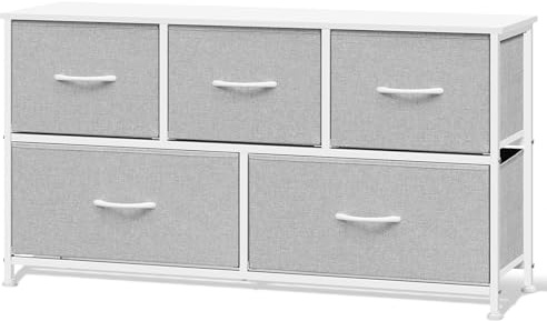 WOLTU Comoda para Dormitorio, Cajonera Almacenaje, Cómodas 5 Cajones de Metal y Madera, Cajoneras Dormitorio y Habitacion, Mueble Almacenaje, Gris Paloma + Blanco Nube