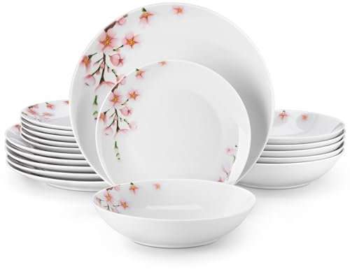 VEWEET Dinner Sets for 6 People, Porcelain Plates and Bowls Set, Dinner Plates, Dessert Plates, Soup Bowls, 18 Pieces, Round, Series Annie
