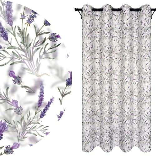 Voppi Dekorativer Vorhang Durchgang 140 x 260 cm Ösenvorhang Pflanzenmuster Lavendel Carports Blätter hell Hintergrund lila Blüten Dekoration für Wohnzimmer Blickdicht Fenstervorhang