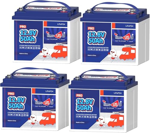 Timeusb Batteria Litio 12V 50Ah LiFePO4,640Wh per Camper e Solare(4 Pezzi) | 50A BMS con 15.000 Cicli Profondi,Batteria Ricaricabile Perfetta per RV,Off-Grid,Pannelli Solari,Barca,Trolling Motor