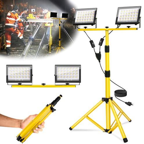 T-SUNiceM 21000Lumen Work Lights with Stand, 2 Head LED Work Light with Adjustable and Foldable Tripod Stand, IP66 Waterproof Portable Work Light for Outdoor Workshop Garage Construction Site Job Site