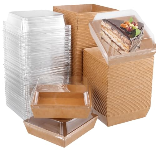 MUKSUET 100 Stück Kuchenscheiben-Boxen, 13,5 x 12,5 x 6 cm, quadratische Kraftpapier-Kuchenboxen mit transparentem Kunststoffdeckel, braune Dessertboxen für Cupcakes, Sandwiches, Kekse