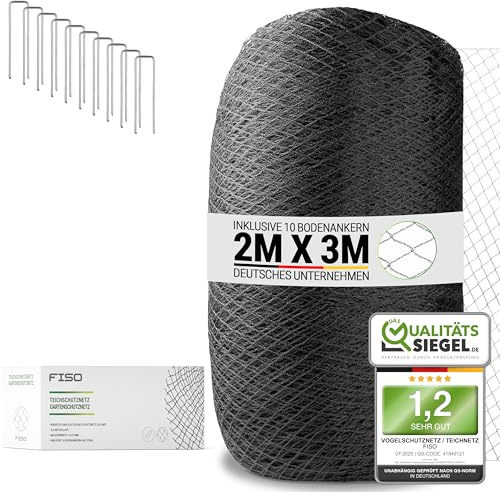 FISO® Teichnetz - 2x3m I Vogelschutznetz engmaschig, robust, witterungs- & UV-beständig I Schwarzes Teich Netz feinmaschig (15x15mm) I Netz zum Schutz von Teich, Balkon, Kirschbaum & Mehr