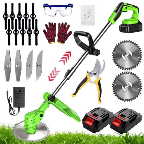 Gompuy Cortacésped y Desbrozadora Eléctricas batería, Cortabordes a Batería 2x24V 2000mAh, Asa Retráctil, Cabezal Rotable 90°