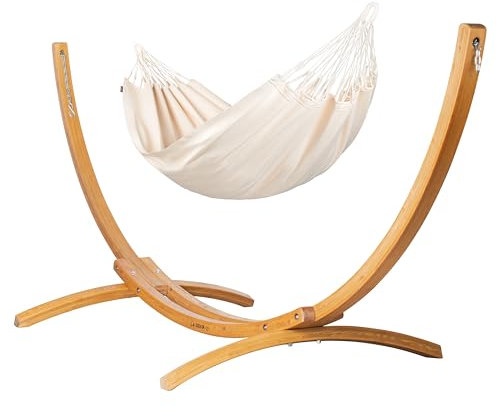 LA SIESTA® Modesta Bio-Baumwoll Hängematte & Holzgestell, Outdoor Indoor Hängematte mit Gestell aus Holz - Hängematte Stoff, Hängemattengestell für Balkon Terrasse Garten - Einzel Hängematten, Latte