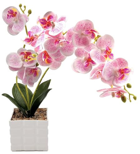 Daily Treasures 13-Köpfe künstliche Orchidee Blume im Topf, 50cm Faux Schmetterling Orchidee mit Plastikvase, Topf-Orchideenblumen, Phalaenopsis Innendekoration für Zuhause Tisch Tafelaufsatz (lila)