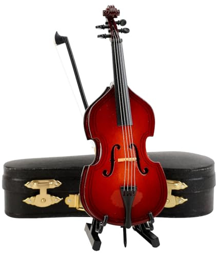 Dselvgvu Miniatur-Kontrabass aus Holz mit Ständer, Bogen und Etui, Mini-Musikinstrument, Kontrabass, Nachbildung, Sammlerstück, aufrechter Bass, Modell, Heimdekoration, Display, Ornament (14,4 x 5,5 x