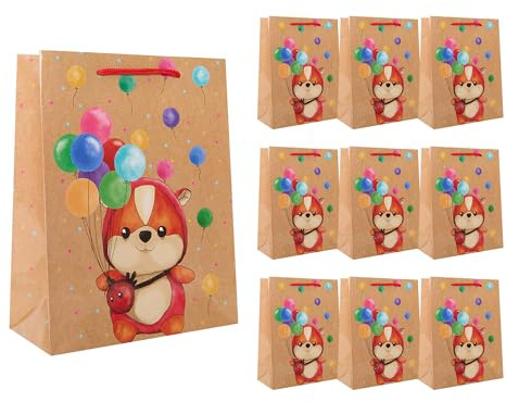 Idena 90242 - Sacs cadeaux Happy Birthday Teddy Bear, 10 pièces, sacs cadeaux de 18 x 23 x 8 cm, sacs en papier avec nounours et ballons de baudruche