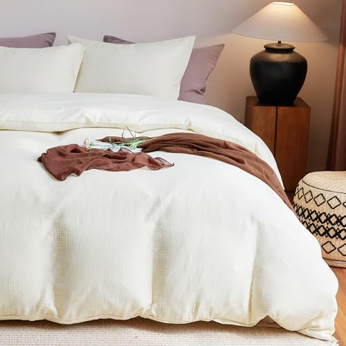 Simple&Opulence Muslin Duvet Cover Set, 100% Washed Cotton Cooling Duvet Cover for Summer, 3 Pieces Linen Like Gauze Comforter Cover with 2 Pillow Shams, Queen, 88x92, Beige