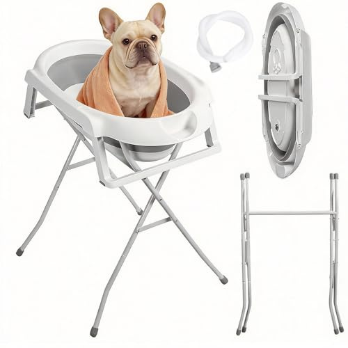 ulafbwur Tragbare Hundebadbadewanne mit Ständer erhöhter Haustier -Waschstation für kleine/mittlere Hunde und Katzen Baden, Dusche Pflege, Faltbare Badewanne Abflussschlauch, Grau