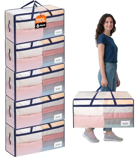 Lifewit Juego de 6 Bolsas Almacenaje Ropa 110 L, Bolsas Mudanza Grandes con Asas, Cajas Mudanza Plegables para Edredones, Mantas, Ropa, Transparente