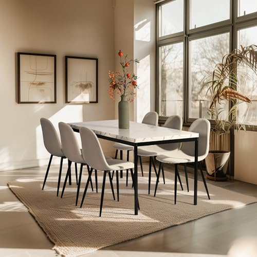 FurnitureR Tables de Salon en Imitation Marbre Blanc, Style Épuré et Élégant pour 4 à 6 Personnes, Plateau en Bois Epais avec Structure Métallique, pour Cuisine, Salle à Manger, Salon, 150 x 75 x 75cm