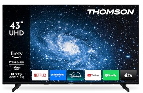 THOMSON 43 Pouces (109 cm) 4K UHD LED Smart TV avec Fire TV, Commande vocale Alexa, AirPlay, Wi-FI, Triple Tuner(câble/Satellite/antenne), Bluetooth 5.0, HDMI, USB, AV in, CI+, 43UF4S35