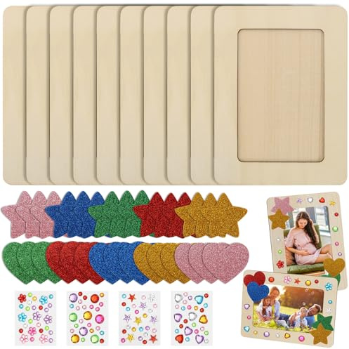 BREANIFULL 10 marcos de fotos para niños, juegos de manualidades, marco vacío para pintar, pegatinas 3D para manualidades, juego de marcos de fotos de madera para niños, juegos con brillantes para