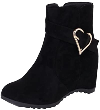 Generisch Bottines élégantes pour femme - Couleur unie - En daim - Ceinture en cuir - Boucle - Talon compensé - Fermeture éclair latérale - Bottes courtes - Bottines élégantes, 02 noir., 37 EU