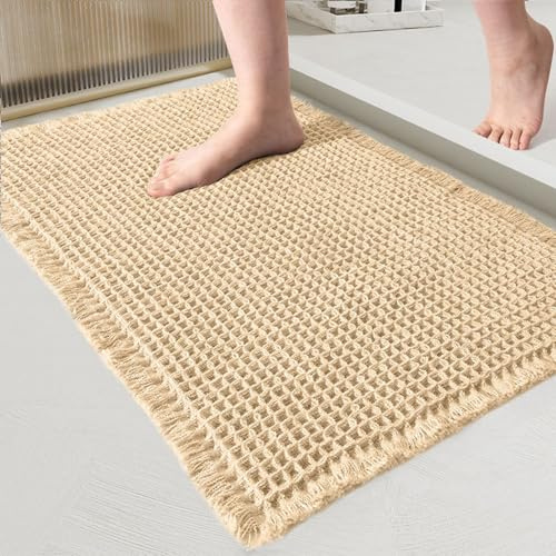 Swsen Tapis de Bain en Coton à Motif Gaufre, Antidérapant et Très Absorbant, Séchage Rapide, Tapis de Salle de Bain Lavable pour Douche et Baignoire, Beige, 40 x 60 cm