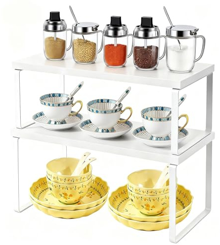 Gudui Kitchen Cupboard Shelf Organiser Counter Storage Organisation, White | Expandable, Stackable, Cabinet Spice Shelf Organiser, Metal & Wood
