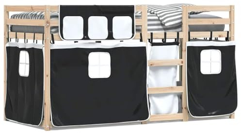 Yisssmeng Etagenbett Kiefernholz 90x190 cm weiß schwarz Vorhängen Spielbett Jugendbett Rausfallschutz Leiter platzsparendes Holzgestell für Kinderzimmer