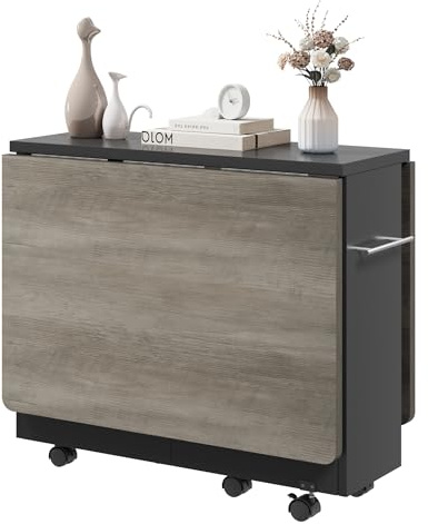 Zstar Platzsparender, Faltbarer Essenztisch Mit Ausziehbarem Drop-Leaf-Design, 2-Stufigem Stauraum Und 6 Feststellbaren Rollen – Erweiterbarer Holztisch Für 4 Personen, Hellgrau