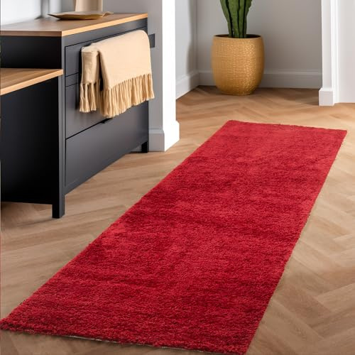 SIMPEX Shaggy Hochflor Teppich, 80x150 cm, Rot, weich, flauschig, modern, einfarbig, Ideal für Flur oder Kinderzimmer, für Wohnzimmer Schlafzimmer Flur