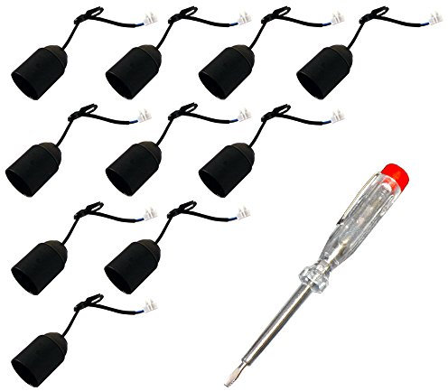 NCC-Licht 10 x Baufassung E27 schwarz mit Steckklemme und Zugentlastung | Renovierfassung bis max. 100W inkl. Phasenprüfer