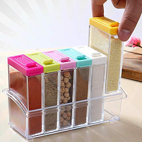 6pcs/Set Spice Shaker Seasoning Bottle, Jar Condiment Storage Container with Tray,Clear Seasoning Rack Spice Pots Storage Rack Kitchen Accessories - Multi Color