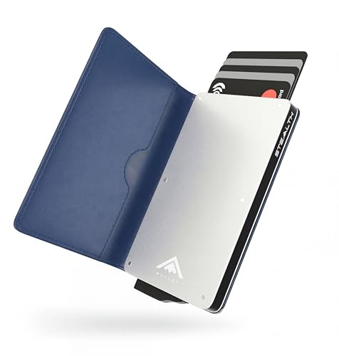 Stealth Wallet RFID Kartenportmonai Herren - Minimalistische Pop-Up-Portemonnaies mit Geschenkbox - Leichte Metall-Kreditkartenhalter für Männer (Silbernes Aluminium, Blaues Leder)