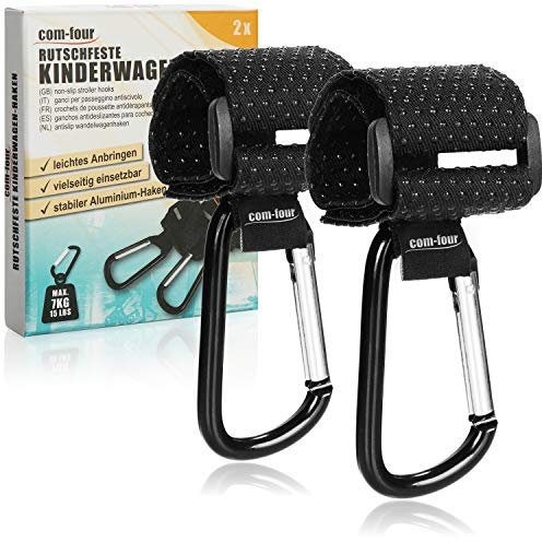 com-four® 2X Kinderwagen Haken mit rutschfesten Gumminoppen für Wickeltasche - Kinderwagen Taschenhalter - Karabinerhaken Kinderwagen - Kinderwagenhaken - Taschenkarabiner (Schwarz)