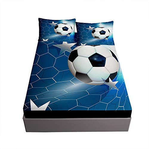 Spannbetttuch Bettlaken Set für Boxspringbett, Ouduo 3D Fußball Spannbettlaken Mikrofaser Matratzenschoner für Bettw Sche, Steghöhe bis 30cm +2 Kissenbezug (Blau,200x200x30cm)