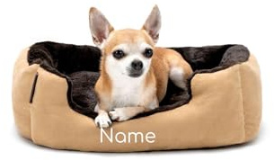 lionto Lit pour Chien avec Coussin réversible et Base antidérapante, Coussin Douillet pour Animaux avec entrée Basse pour Chiens et Chats de Tout âge, 50x37 cm, Marron/Beige (avec nom imprimé)