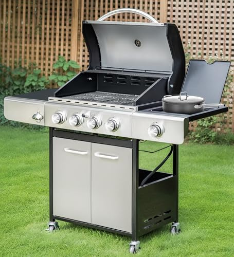 MFSTUDIO Griglia a gas propano in acciaio inox a 5 fuochi con piastra in ghisa, zona di cottura, carro barbecue a gas perfetto per cucinare all'aperto
